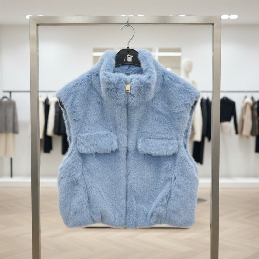 Blue faux fur vest front view with plush texture and modern cut