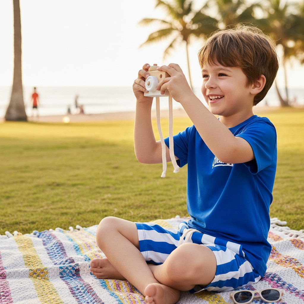 Child sitting on a colorful blanket at the beach holding a toy camera.