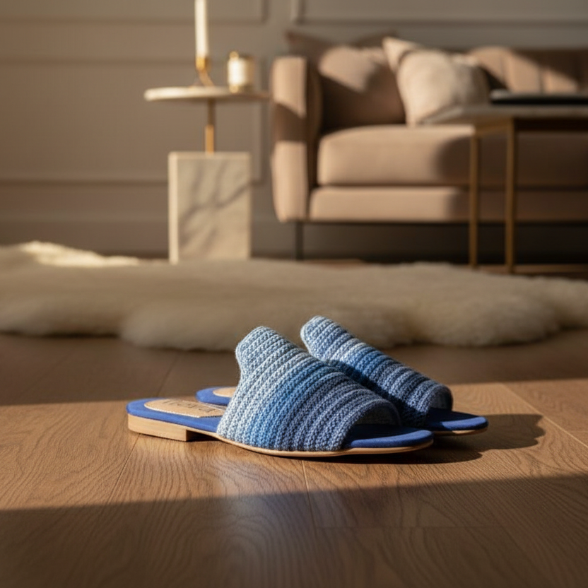 Blue handmade slippers on a wooden floor with a cozy living room in the background