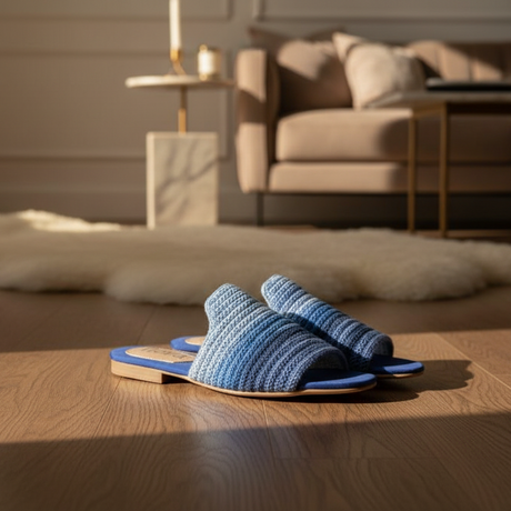Blue handmade slippers on a wooden floor with a cozy living room in the background