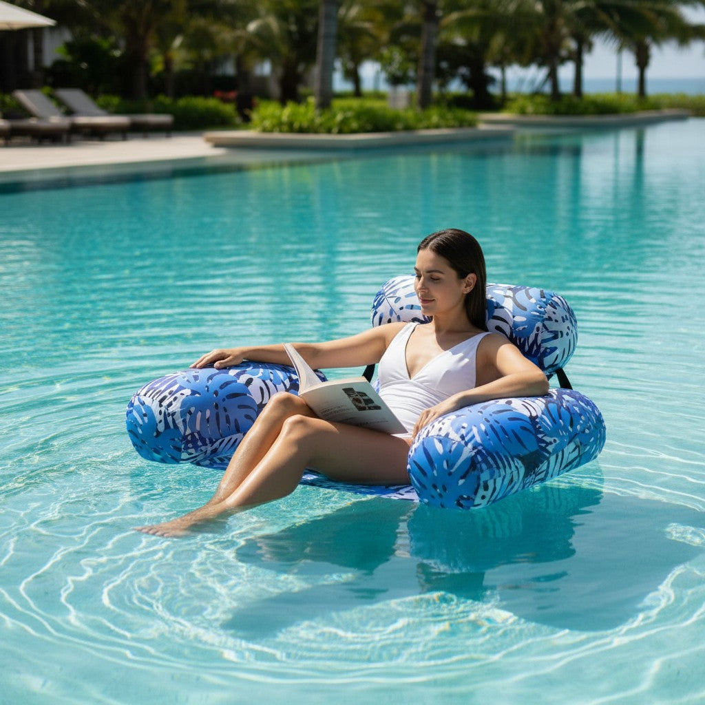 Woman relaxing on a blue leaf print inflatable pool chair