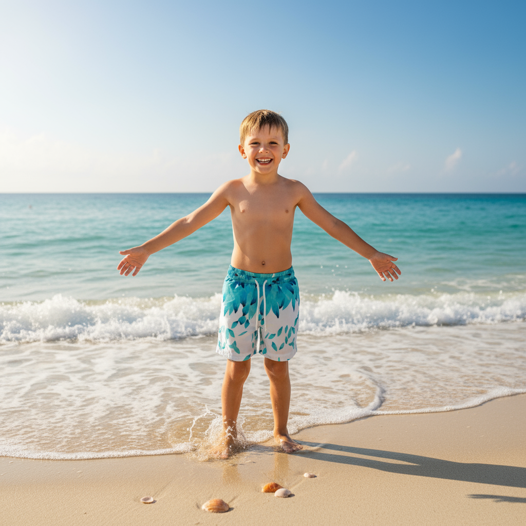 Child in blue lead design swim shorts standing on a beach with ocean waves