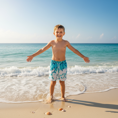 Child in blue lead design swim shorts standing on a beach with ocean waves