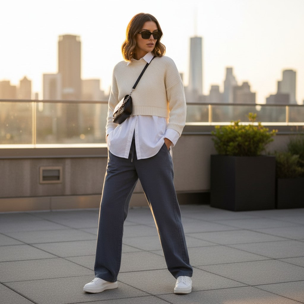 Woman wearing black linen pants and a white top with a beige sweater standing on a rooftop