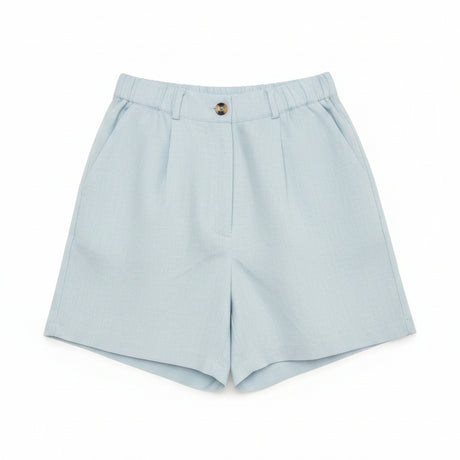 Blue linen shorts on a plain white background