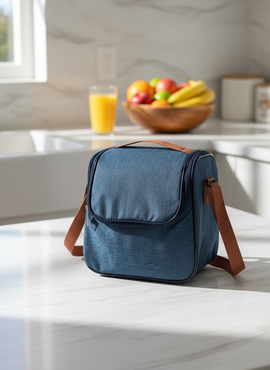 Blue lunch bag with brown strap on a kitchen counter with fruit and juice in the background