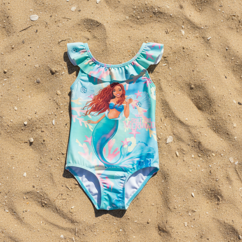 Blue mermaid print onepiece swimsuit flat lay on sand