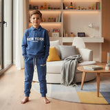 Boys blue collared sweatshirt with a New York print and matching blue joggers, lounge set