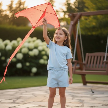 Light blue tee and shorts set worn while flying a red kite in a garden