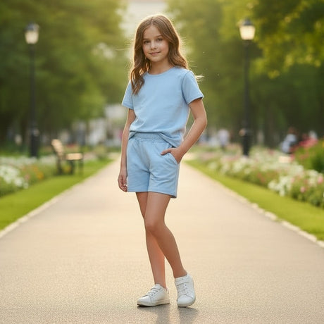 Girl in a light blue tee and matching shorts set on a park path