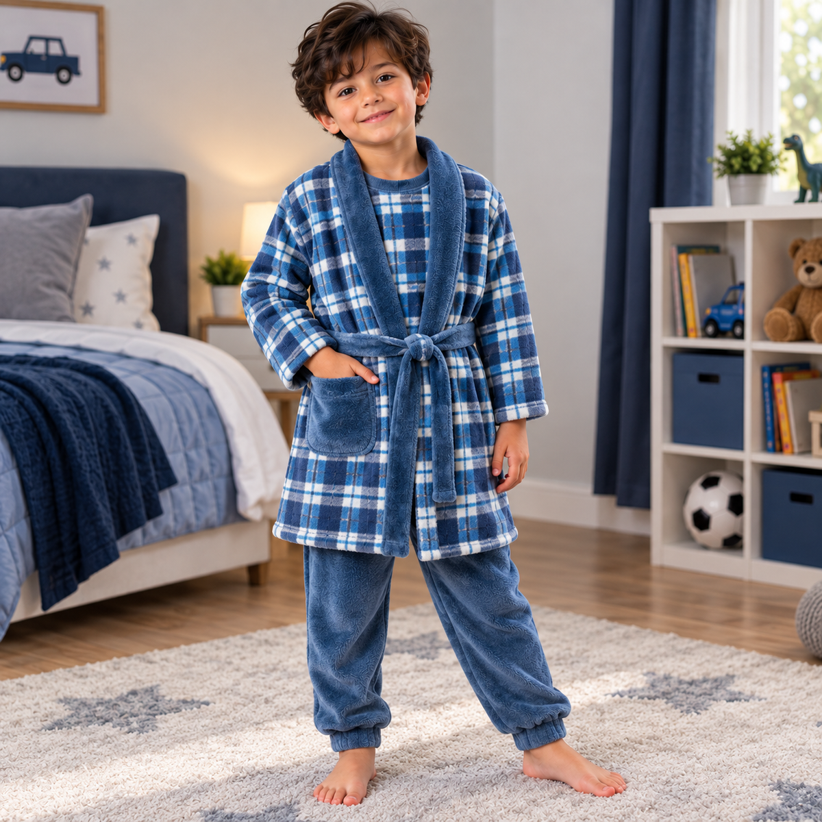 Boy in a blue plaid fleece robe with a matching blue pyjama top and trousers