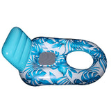 Inflatable pool float with blue floral pattern on a white background