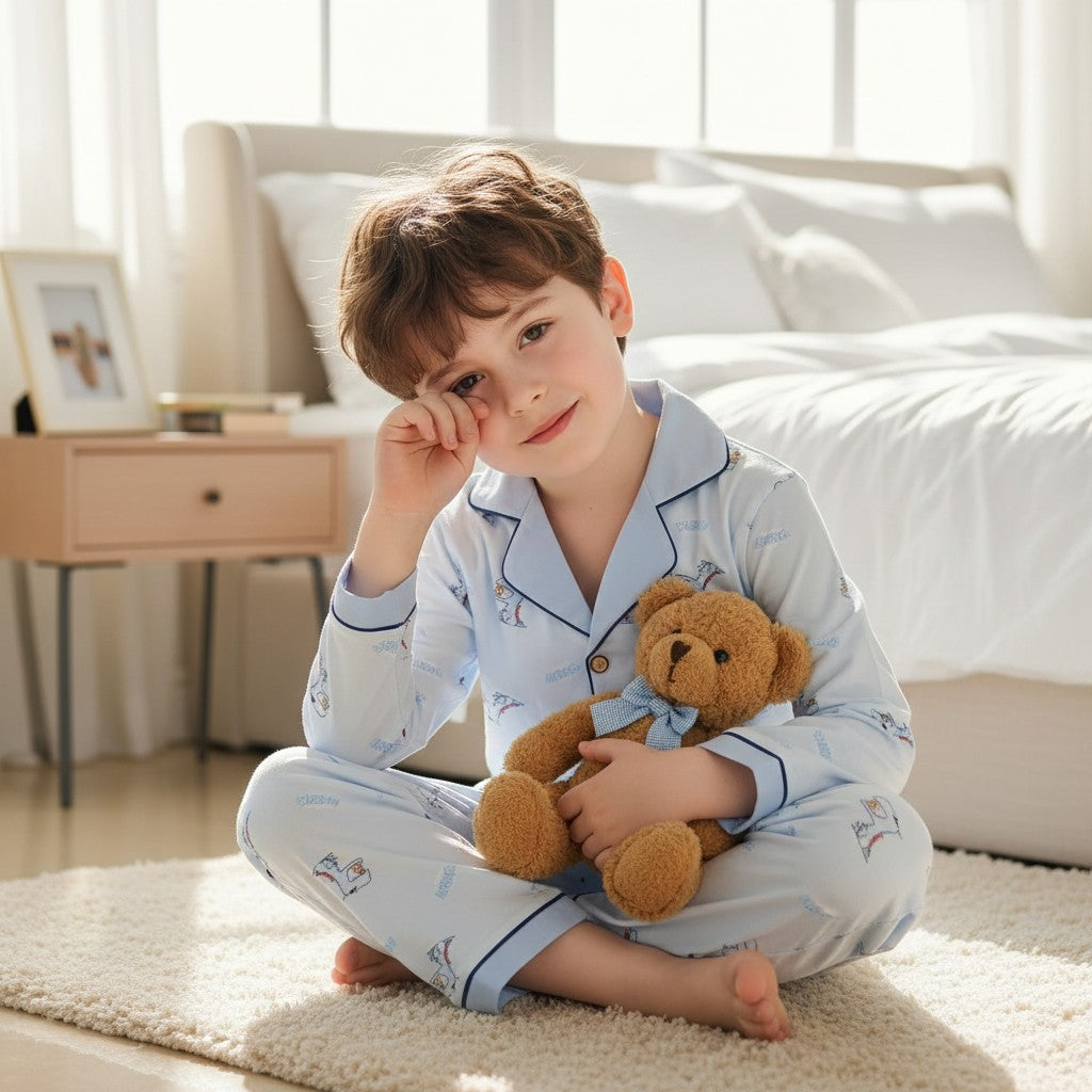 Boy sitting on a bedroom rug holding a teddy bear in a light blue button front pyjama set