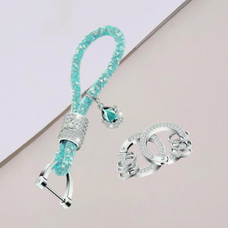 Turquoise rhinestone rope keychain with matching crystal teardrop charm
