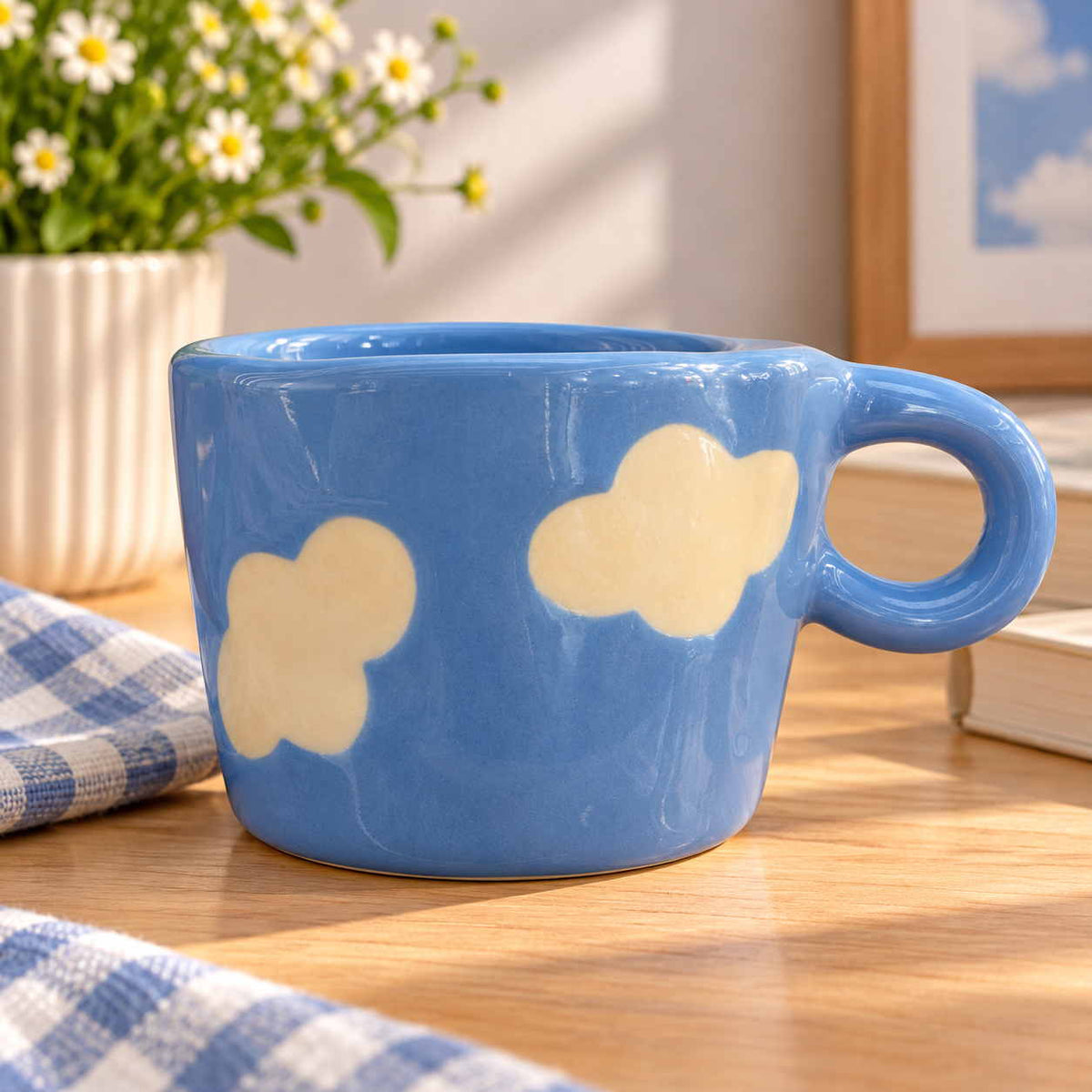 Cream clouds drift around a glossy sky blue mug with a thick round loop handle