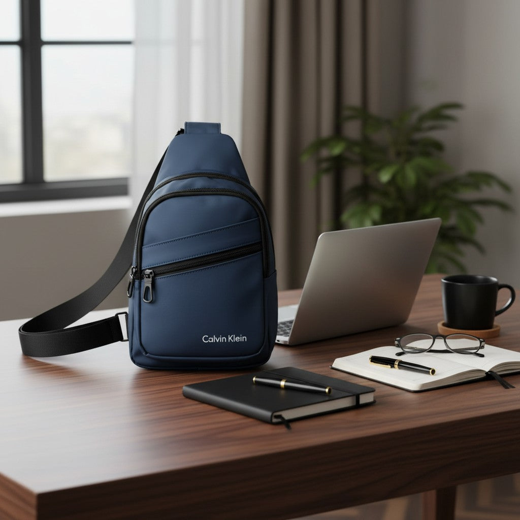 Blue Calvin Klein sling bag on a desk with a laptop and office supplies