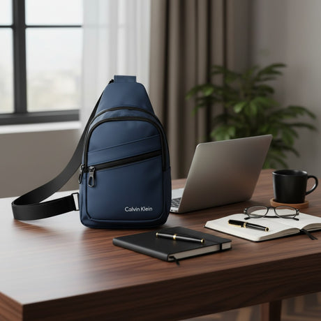 Blue Calvin Klein sling bag on a desk with a laptop and office supplies