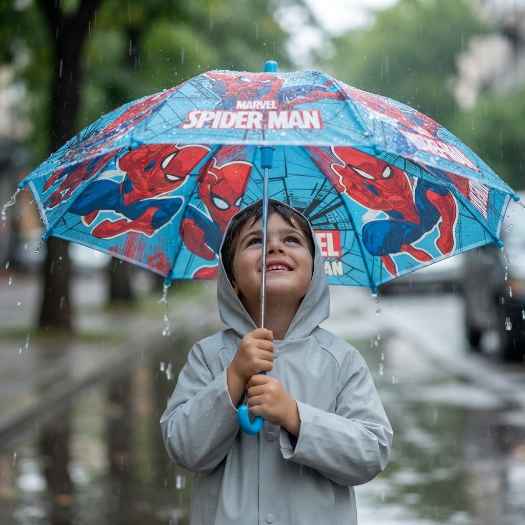 Boy in a grey raincoat holding a blue umbrella with a red and blue spiderman print