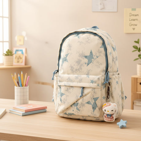 Cream school backpack with dusty blue star print for girls, Jack Gifts Online Lebanon