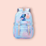 Blue backpack with 'Stitch' design on a light pink background