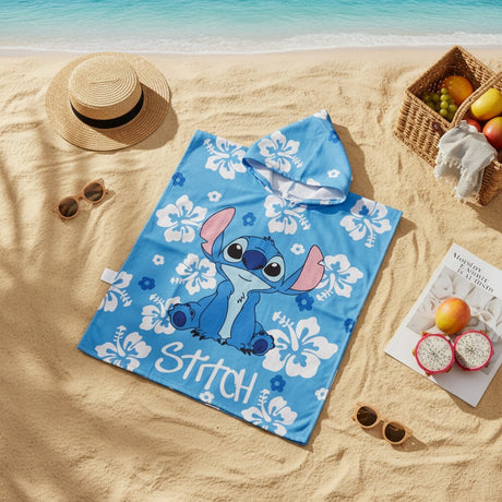 Blue hibiscus Stitch hooded towel poncho for boys and girls