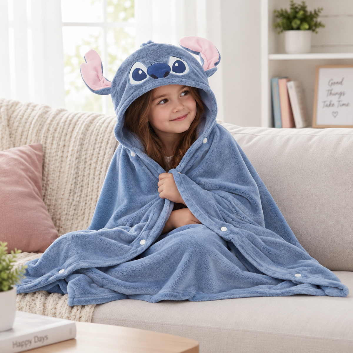 Child wrapped in a blue stitch hooded blanket with tall pink lined ears