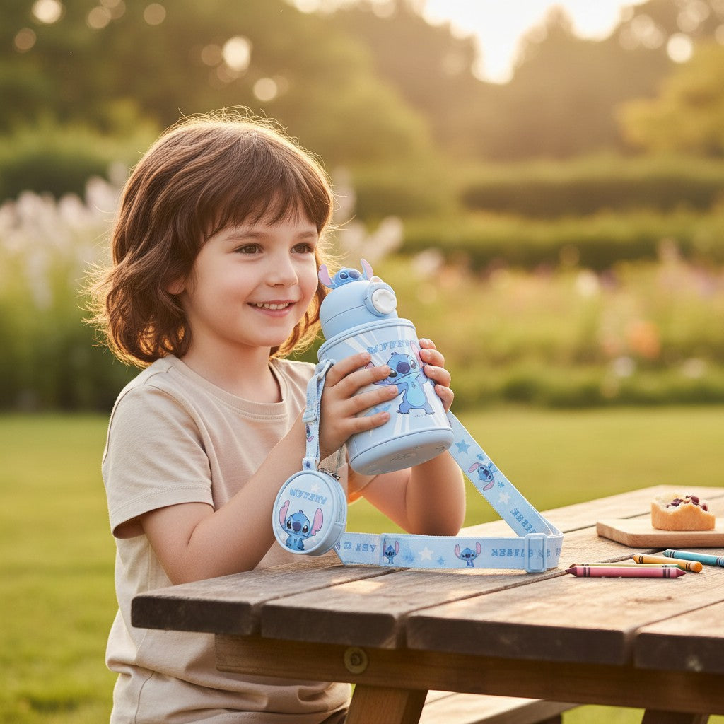 Child holding a pale blue Stitch flip top tumbler with a matching round coin pouch