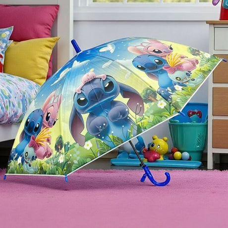 Open blue and green Stitch kids umbrella standing on a floor showing the canopy print