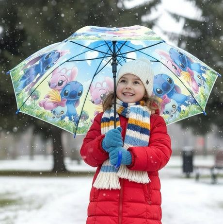 Girl holding an open blue Stitch kids umbrella with a Stitch and Angel print