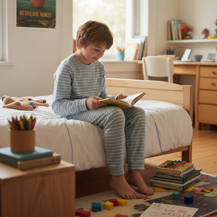 Light blue and white striped long sleeve pajama set with cuffed pants