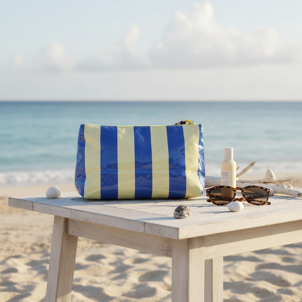 Blue and white striped beach bag on a wooden table with sunglasses and a bottle of sunscreen, set against a beach backdrop.