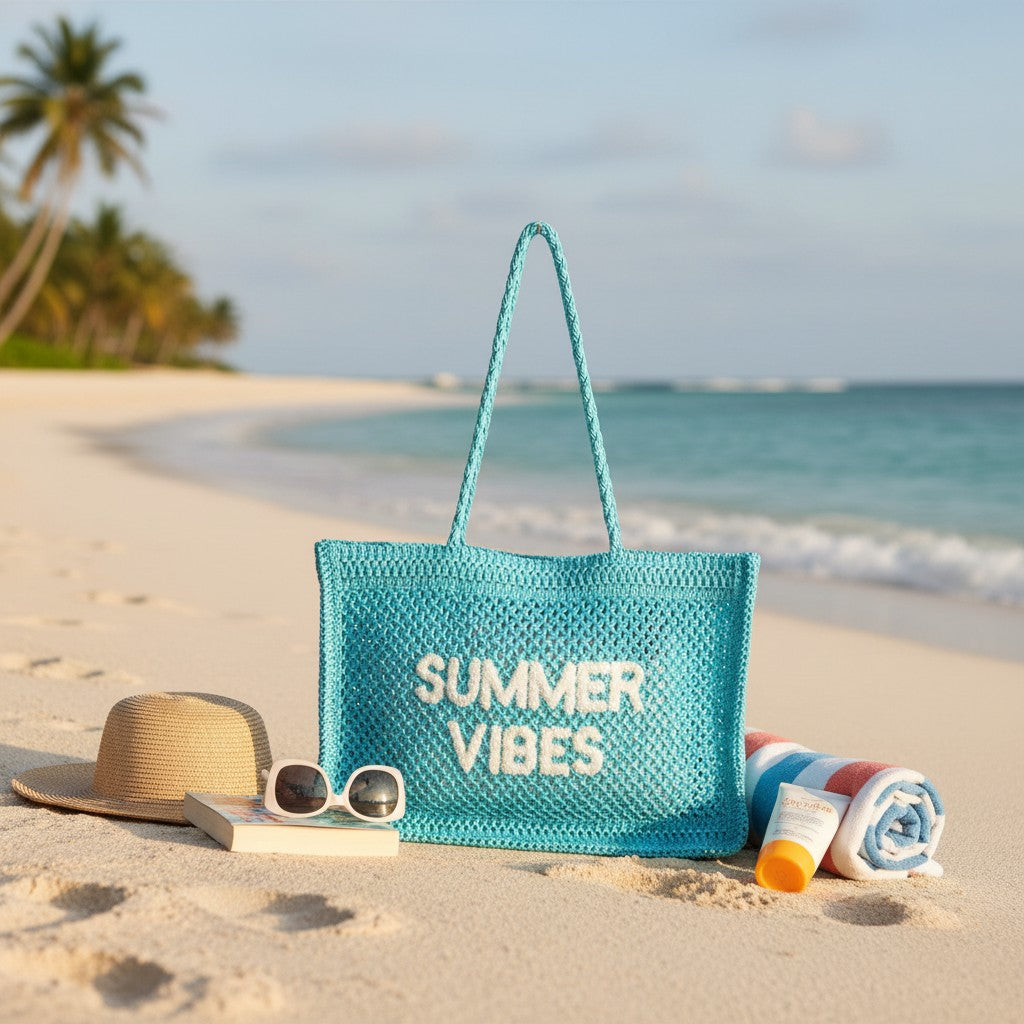Turquoise woven Summer Vibes beach bag on white sand – Jack Gifts Online Lebanon