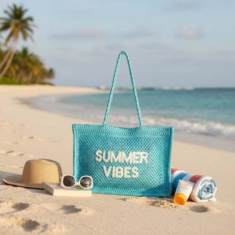 Turquoise woven Summer Vibes beach bag on white sand – Jack Gifts Online Lebanon