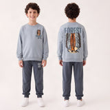 Boy in a light blue tiger forest sweatshirt and slate joggers, front and back