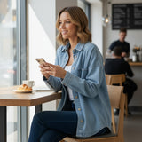Woman wearing a blue jacket using a smartphone in a cafe setting