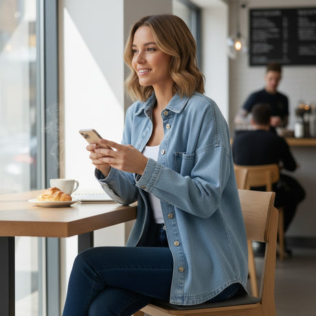 Woman wearing a blue jacket using a smartphone in a cafe setting