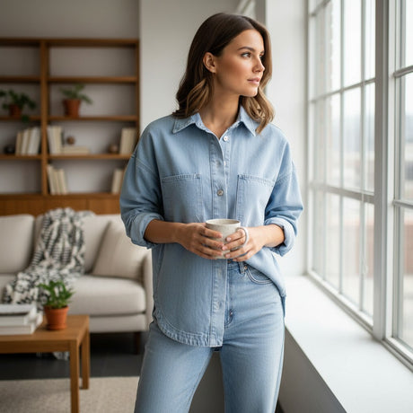 Woman in a denim jacket and jeans holding a mug in a living room