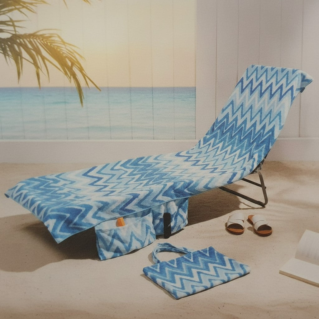 A beach-themed chaise lounge chair with a blue and white chevron pattern, set on a sandy beach with a matching tote bag, white slide sandals, and a palm leaf in the foreground.