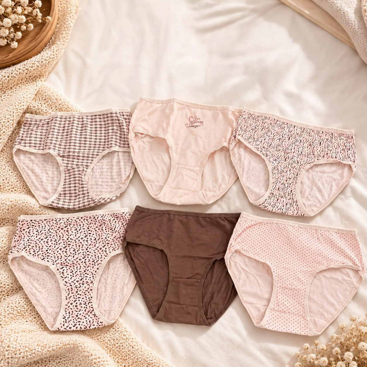 Six blush and brown briefs in gingham, leopard, zebra and polka dot prints on a white bed