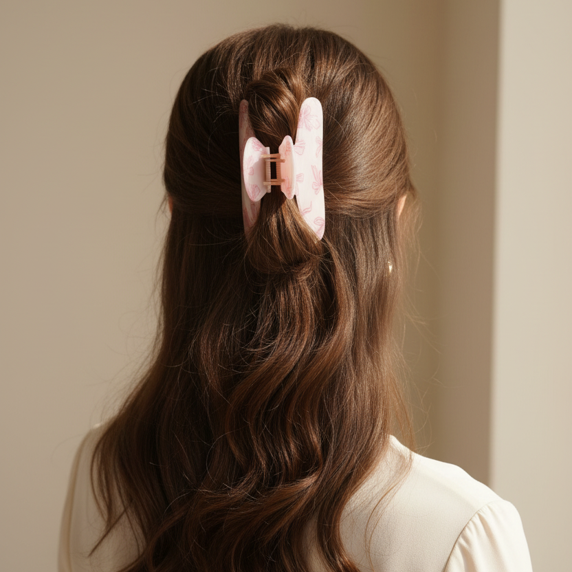 Blush pink bow print claw clip seen from behind in long wavy hair