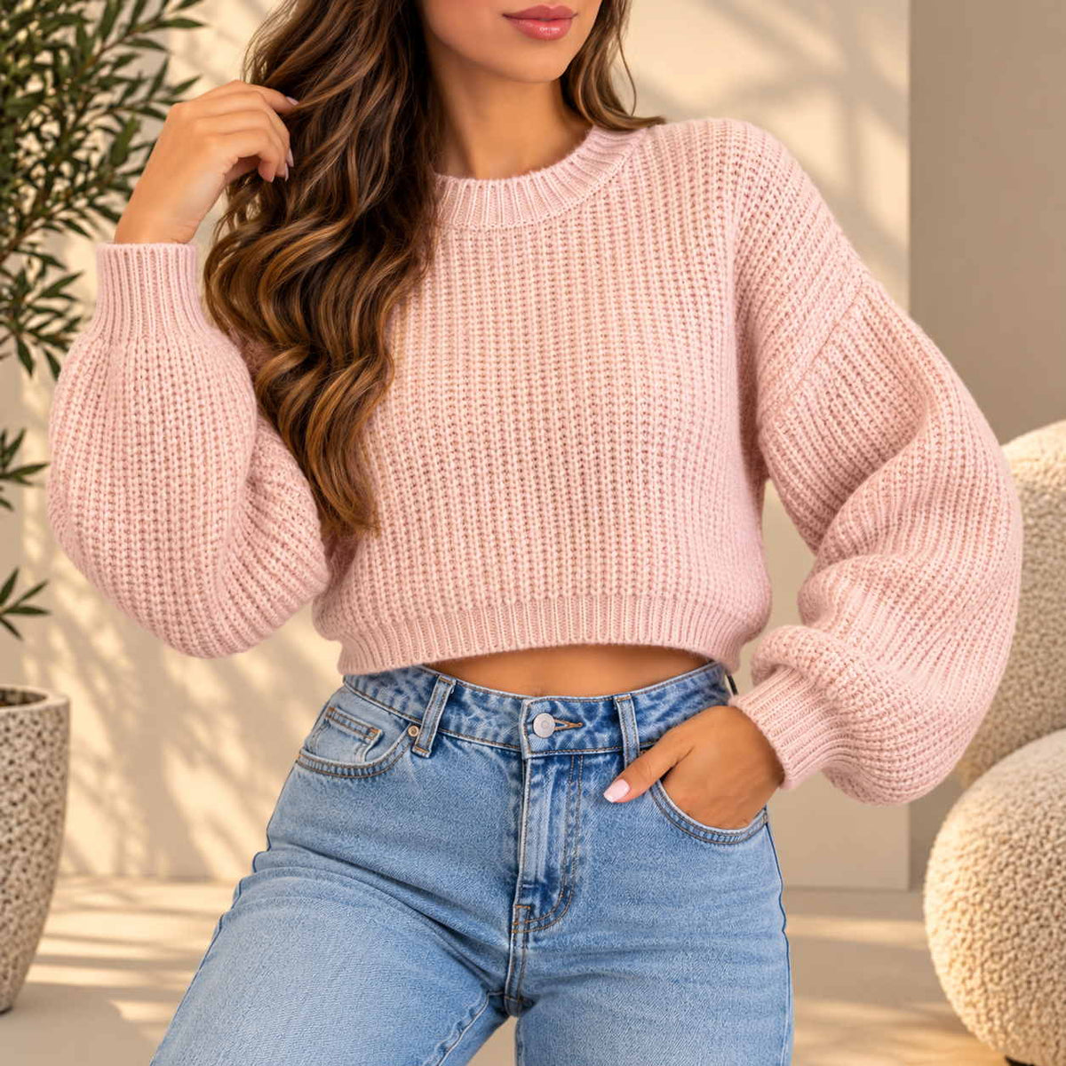 Woman in a blush pink chunky ribbed knit cropped sweater with balloon sleeves and jeans