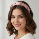 Blush pink braided twist headband worn with short waves, satin plait detail