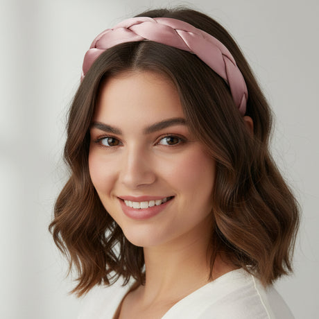 Blush pink braided twist headband worn with short waves, satin plait detail