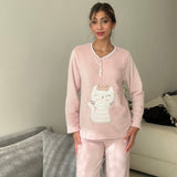 Blush pink pyjama top shown from the front with the cat applique at the waist