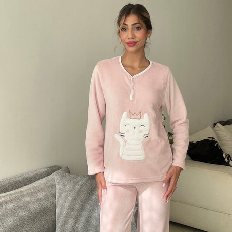 Blush pink pyjama top shown from the front with the cat applique at the waist