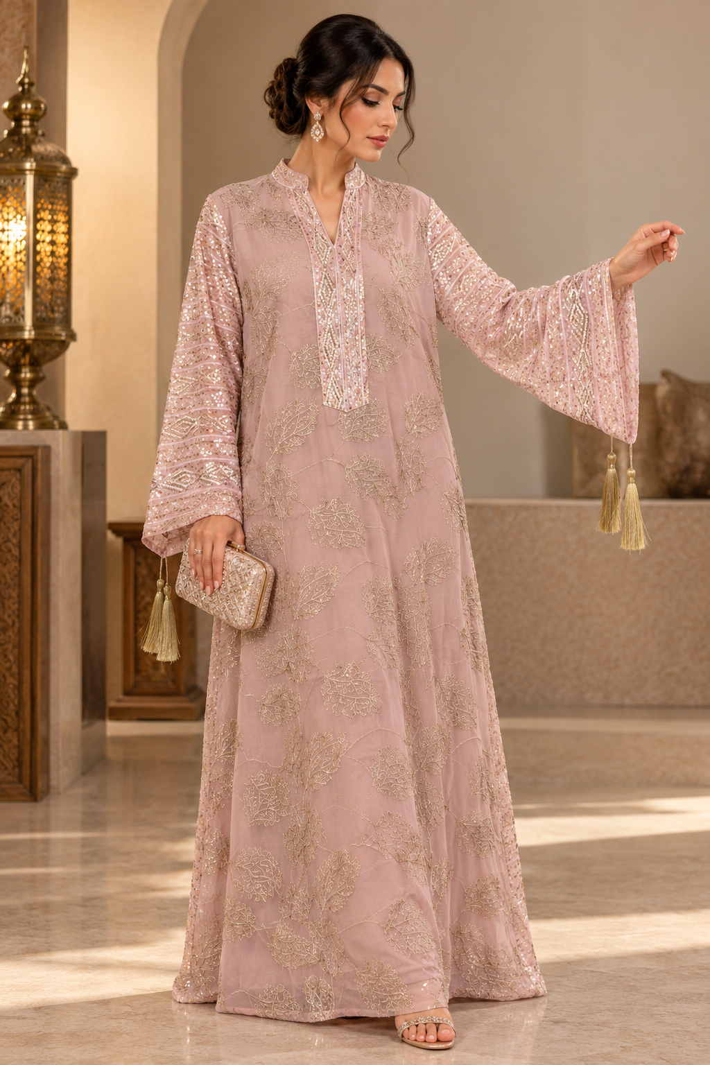 Woman in a blush pink jacquard maxi kaftan with bell sleeves and an embroidered neckline