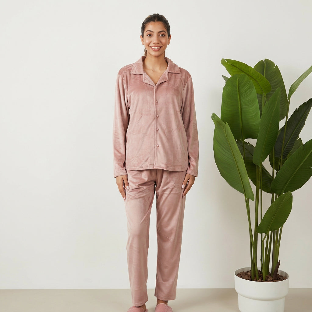 Woman in a blush pink velvet button up PJ set with collared shirt and straight leg pants