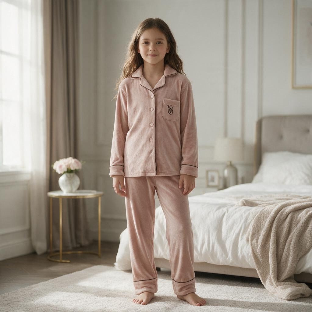 Girl standing barefoot in a blush pink velvet pyjama set with pink piping beside a bed