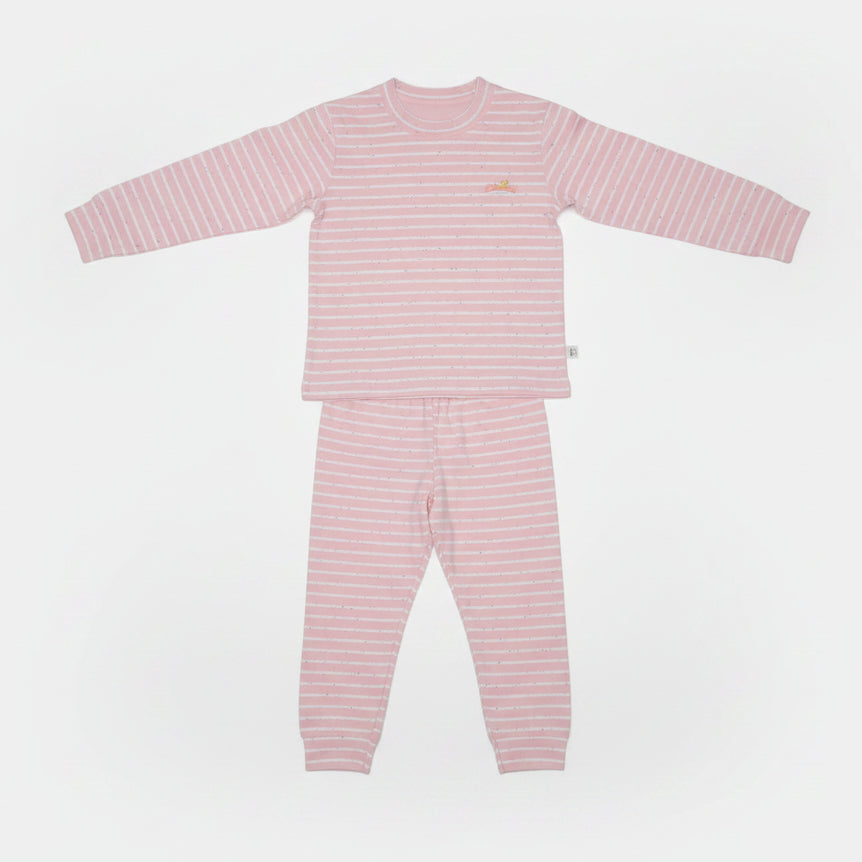 Pink and white stripe kids pyjama set on a white background, long sleeve top with cuffed bottoms