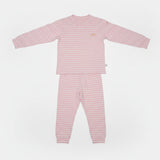 Pink and white stripe kids pyjama set on a white background, long sleeve top with cuffed bottoms